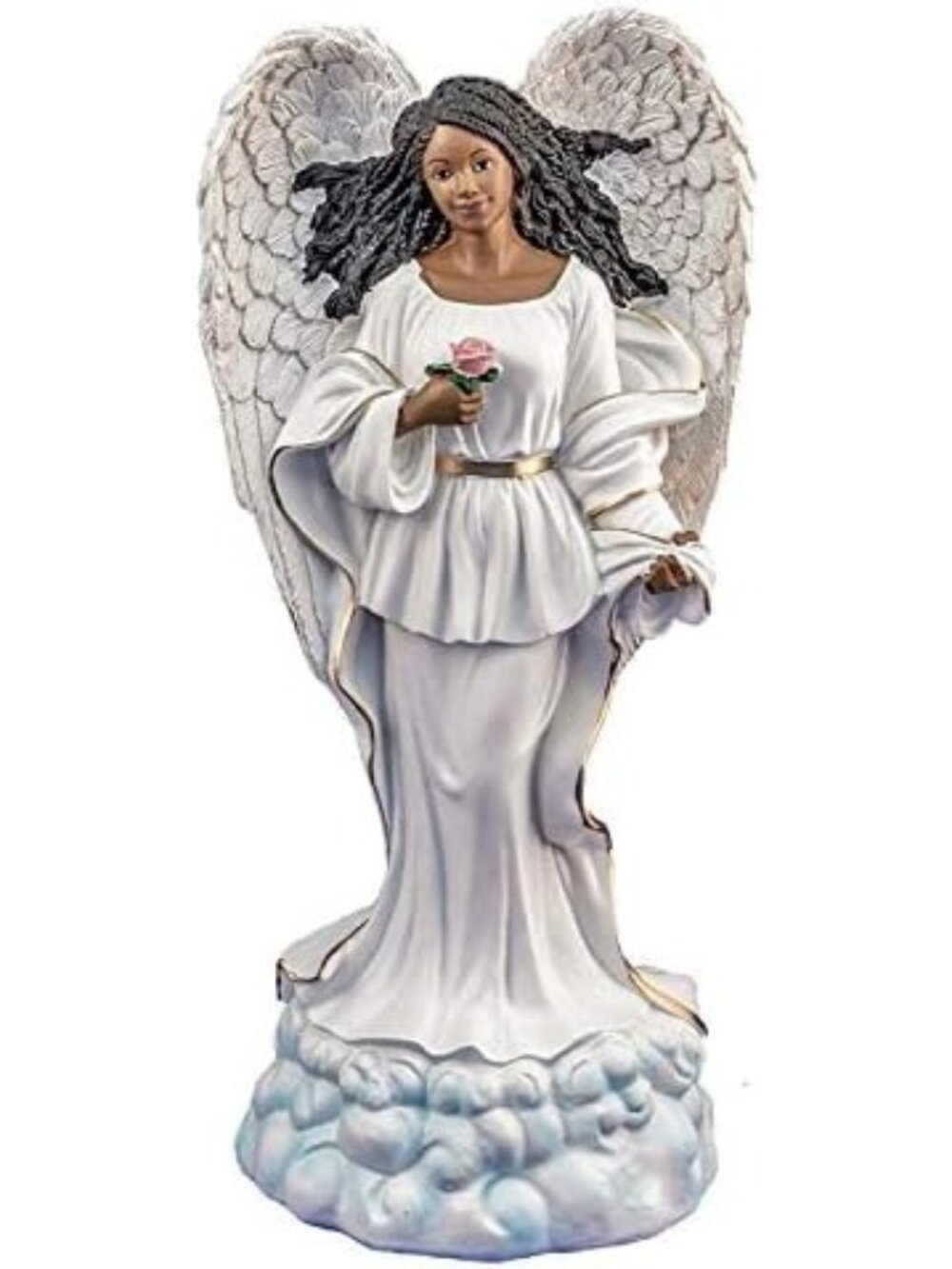 Ebony Treasures African American Angel Figurine With Wings Holding Rose On Cloud